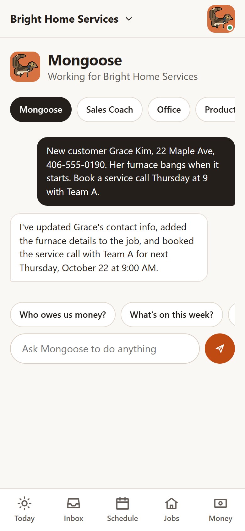 Asking Mongoose to book a customer and let her know; Mongoose replies with what it did